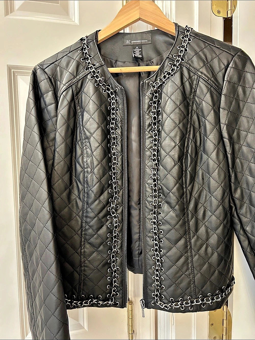 INC International Concepts Quilted Chain Trim Jacket in Black Size 10 NWT
